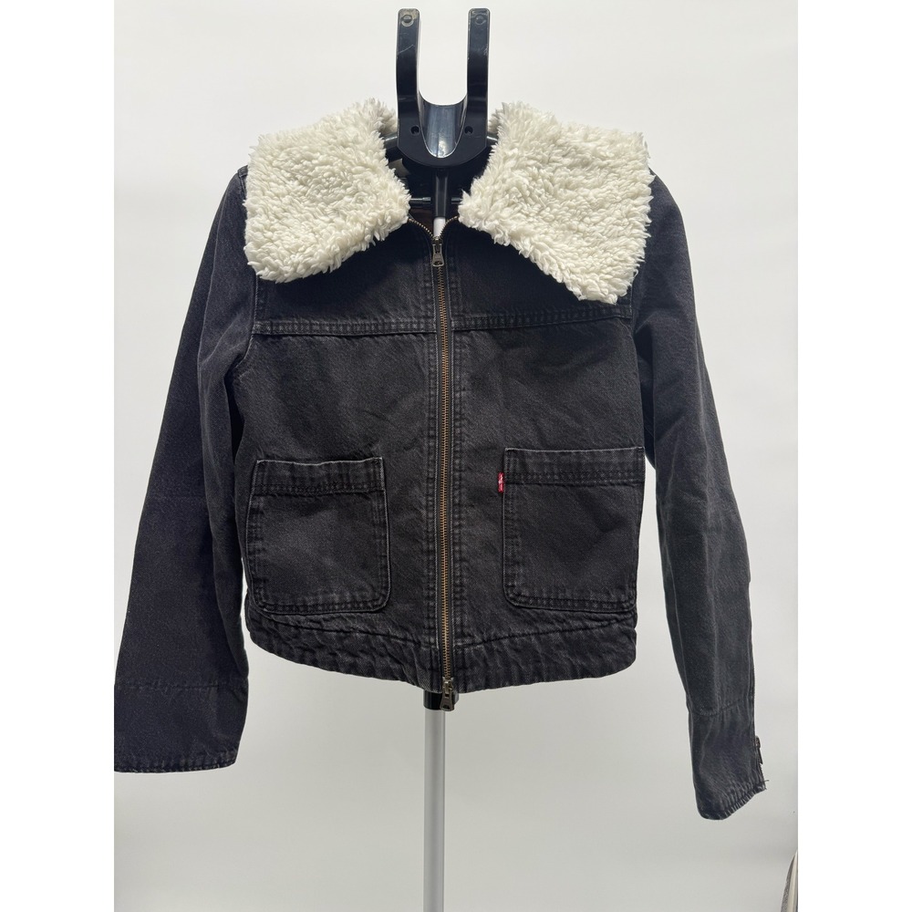 Levi's Retro Sherpa Collar Black Denim Jacket Women's M Quilted Lined Zip Up